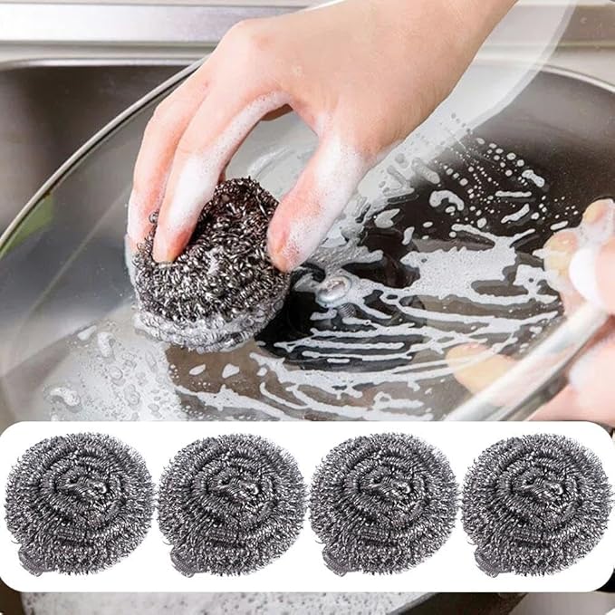 4Pcs Stainless Steel Dishwashing Scrubbers Heavy Duty Cleaning Balls Kitchen Sponges for Pots Pans Cookware