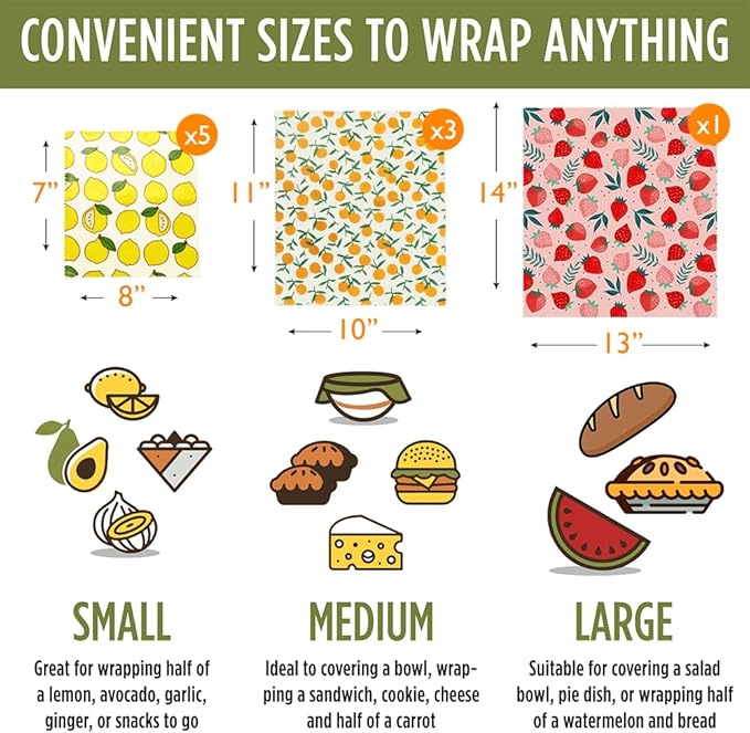 Reusable Beeswax Food Wraps, Organic Cotton Food Storage, Eco Friendly Plastic Free Wrap for Bread Sandwiches Fruits Cheese