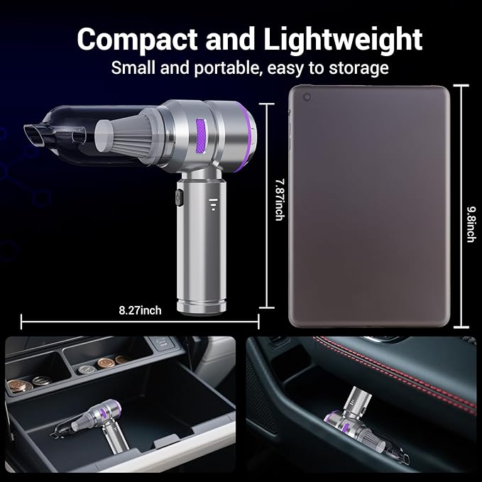 Mini Handheld Car Vacuum Cleaner Cordless - Vacuum & Blower 2-in-1, Powerful Suction for Pet Hair & Crumbs, 1.5lbs Ultra Lightweight, Type-C Fast Charging, 3 Speeds, for Car/Home/Office
