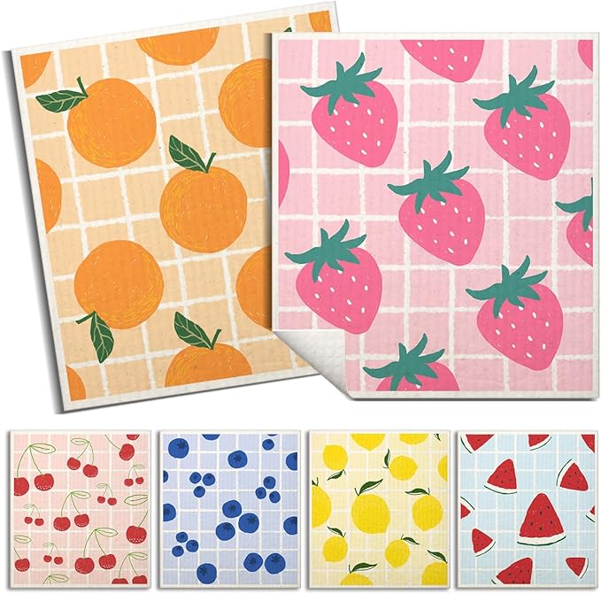 Swedish Dishcloths for Kitchen | 6 Pack Floral Reusable Paper Towels Washable | Swedish Dish Towels | Non-Scratch Cellulose Sponge Cloths | No Odor, Biodegradable Cleaning Cloths, Fruits