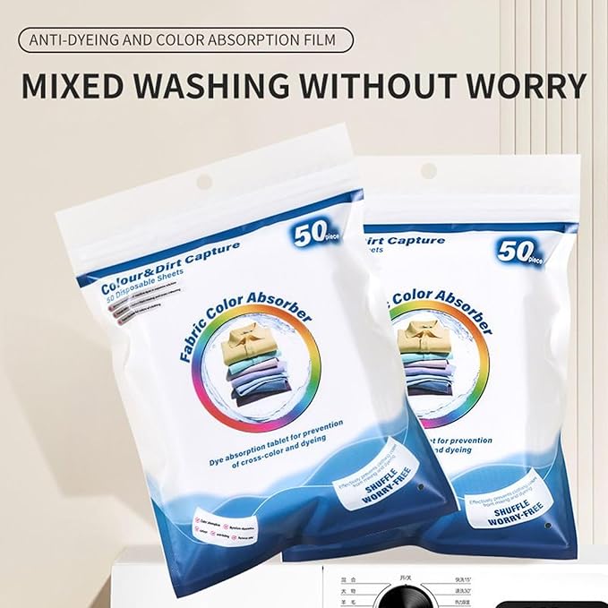 Color Catcher Laundry Sheets - 50 Piece Dye Absorber Sheet Pack | Protects Clothes from Color Bleeding, Prevents Fabric Staining During Wash, Ideal for Travel, Dorm, and Home Laundry Use