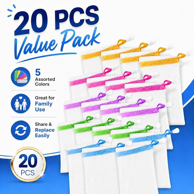 Lagincig 20 Pcs Soap Bag - Mesh Bar Soap Pouch with Drawstring, Nylon Foaming Holder for Shower, Travel, Gym, Bathroom