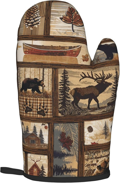 Rustic Lodge Pot Holders and Oven Mitts - Bear Moose Forest Oven Glove Hot Pads for Kitchen Chef Gifts for Cooking Lover Cooks