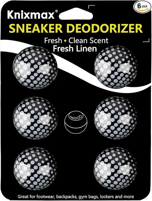 Knixmax Sneaker Deodorizer Shoe Freshener Balls, Odor Eaters for Shoes Boots Mules, Smell Eliminator Ball for Gym Gear Bags and Lockers, Fresh Linen Scent, Pack of 6, Black White