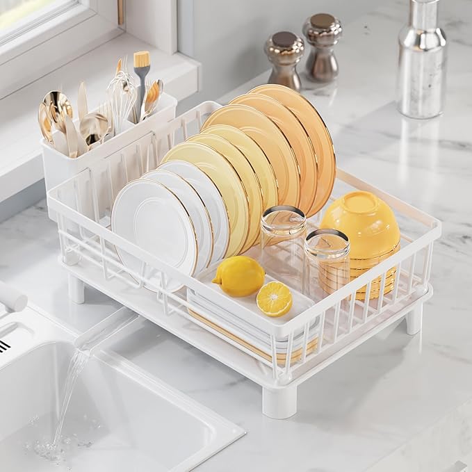 Dish Drying Rack for Kitchen Counter, Multifunctional Dish Rack with 360° Adjustable Spout, Kitchen Organizers and Storage with Cutlery Holder, White