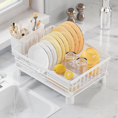 Dish Drying Rack for Kitchen Counter, Multifunctional Dish Rack with 360° Adjustable Spout, Kitchen Organizers and Storage with Cutlery Holder, White