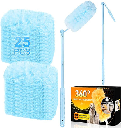 360° Duster Refills Kit for Swiffer Duster, 25 Pack & 1 Handle, Multi-Surface Dusters with 4X Cleaning Power. Efficient Duster Kit for Cleaning Pet Hair, Home, Office, Blinds, Furniture and More