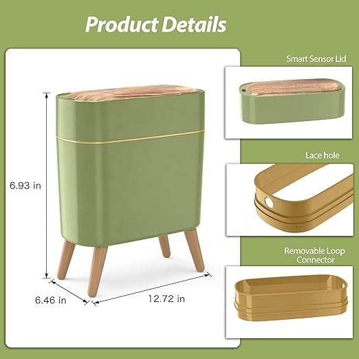 suyika Automatic Trash Can, 2.6 Gallon/10L Bathroom Trash Can with Lid - Wood Grain Lid and Legs, Touchless Waterproof Garbage Bin for Bedroom, Bathroom, Office, Living Room