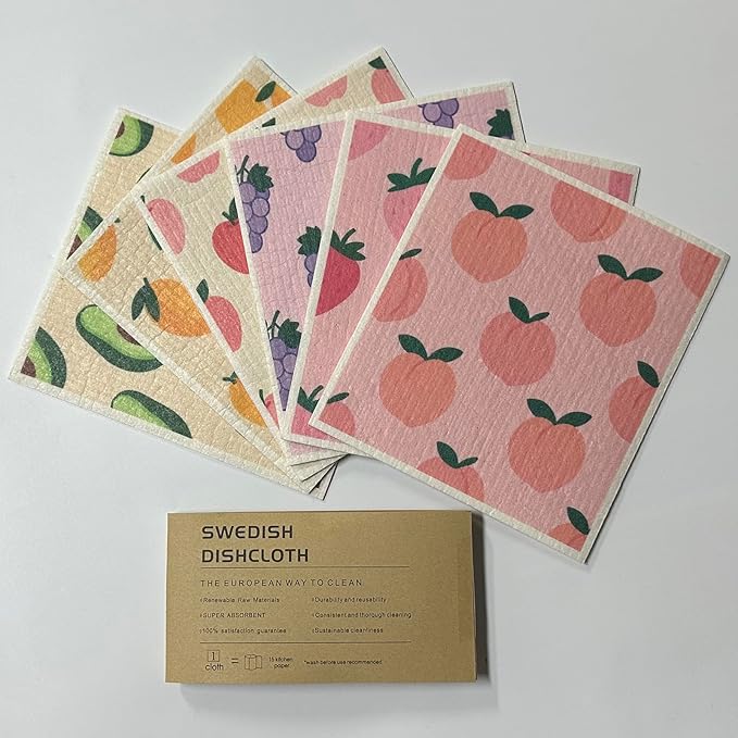 Swedish Dishcloths 6-Pack, Super Absorbent & Fast-Drying Reusable Dish Towels, Biodegradable Kitchen Sponge Cloths with Fruit Prints for Dishes, Countertops, Windows & Car