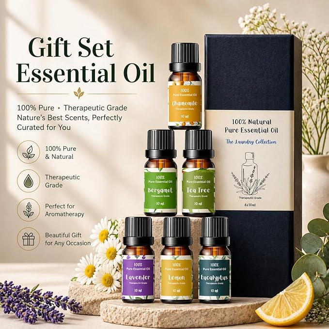 Essential Oils for Laundry, Dryer Balls & Diffusers | 60ml | 6 Pack of the Most Sought-After Scents for Aromatherapy, Lavender, Tea Tree, Eucalyptus, Bergamot, Lemon & Chamomile