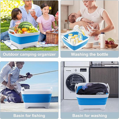 2.4 Gal(9L) Collapsible Dish Basin with Drain Plug, Space Saving Outdoor Multiuse Foldable Sink Tub, Dishpan, Kitchen Storage Tray for Camping, Vegetable Washing, RV (Blue)