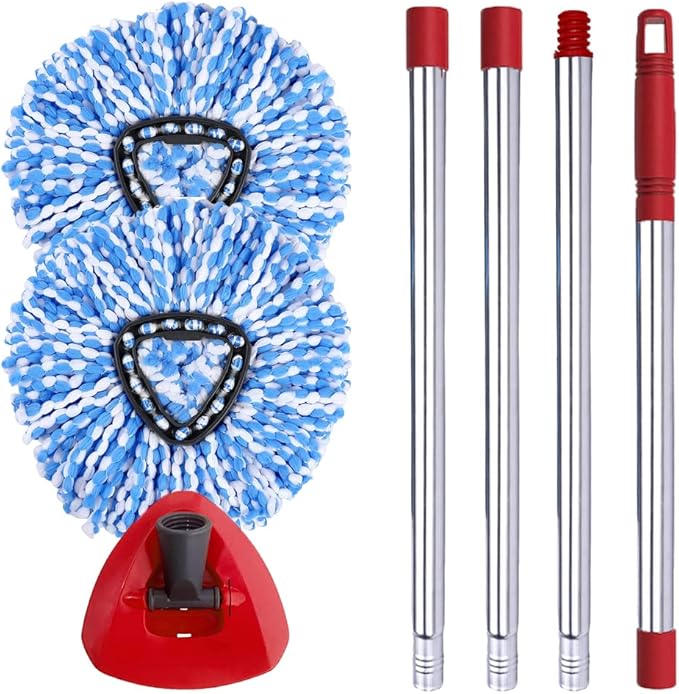 ANREKEYH Spin Mop Head, Base, Handle Replacement for O-ceda EasyWring RinseClean Microfiber Spin Mops, 2 Microfiber Mop Refills, 1 Triangle Head Cover and 30-58in Handle (Blue (2-Tank System))