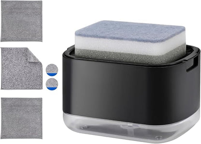 Kitchen Dish Soap Dispenser with Sponge Holder, 5-in-1 Countertop Soap Pump Dispenser, Soap Dispenser for Kitchen Sink with 3-Packs Wire Dishwashing Rag