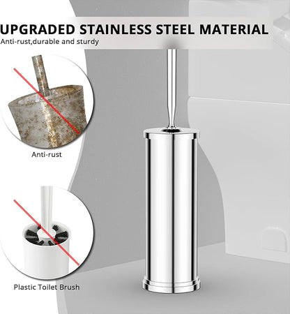 Premium 304 Stainless Steel Toilet Brush and Holder: Weighted Stable Base, Removable Inner Tube, Splash-Proof Design for 360° Thorough Cleaning & Space-Saving Storage,Chrome