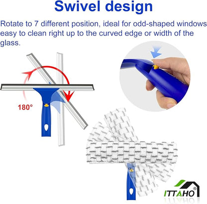Window Squeegee Cleaner Tool,Window Cleaning Kit with Extension Pole,12" Squeegee and 11" Microfiber Scrubber Combi,Window Washing Equipment for Car, Indoor,Outdoor, High Windows-2 Pads