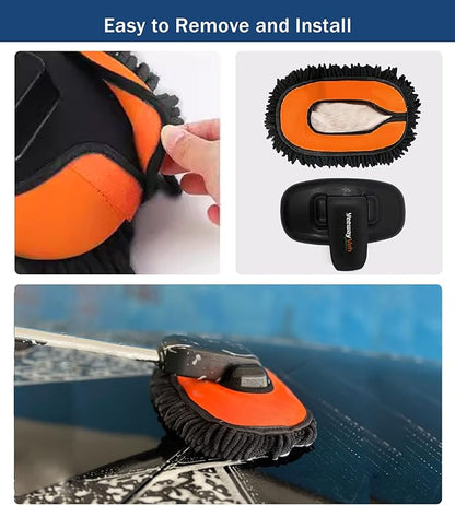 YeewayVeh Car Wash Brush Mop, 15° Curved Pole Car Wash Kit with 3 Chenille Brush Head Covers or RV Truck Camper Cleaning, Orange