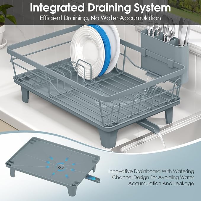 Urackify Dish Drying Rack for Kitchen Counter, Sink Dish Rack with Drainboard, Large Dish Drainer with Cups Holder, Home Countertop Plate Dryer Storage Rack with Cutlery Holder, Blue