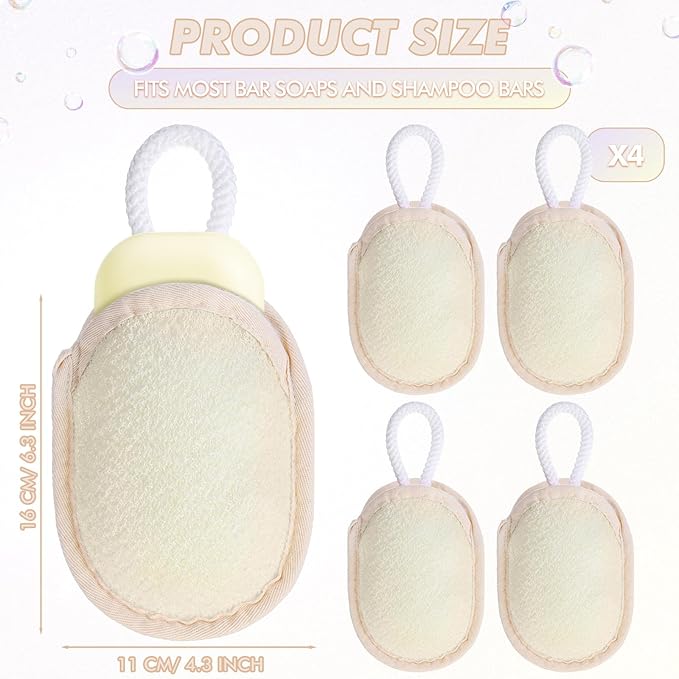 Sunnyray 4 Pcs Bath Body Exfoliating Soap Saver, Exfoliator Scrubber Pouch, Bath Loofah Sponge Body Scrubber Shower Sponge Exfoliating Mesh Pouf for Women and Men Bathing (Yellow)