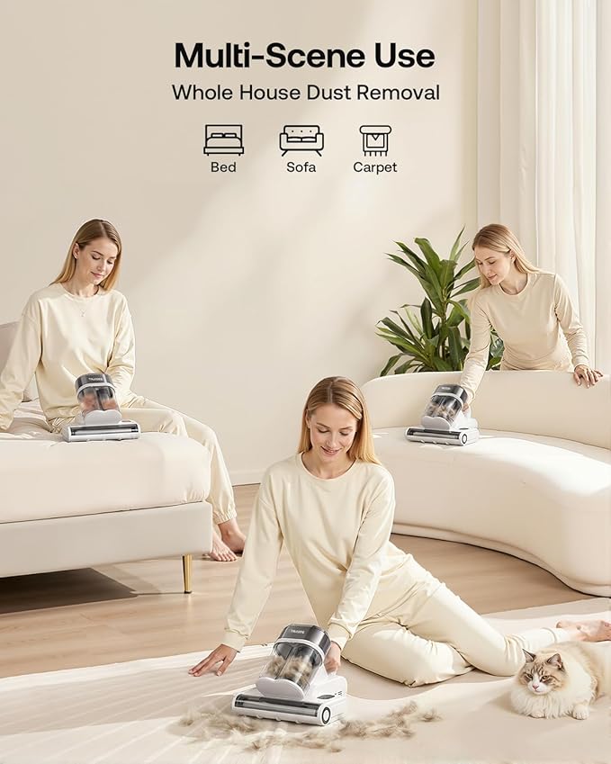 Trucozie Mattress Vacuum Cleaner with 275nm UV-C Light & 149℉ Heat, 16Kpa Powerful Suction Bed Vacuum for Pet Hair & Dander, Smart Dust Sensor, Anion & Aromatherapy, Corded for Bed, Sofa, Couch, White
