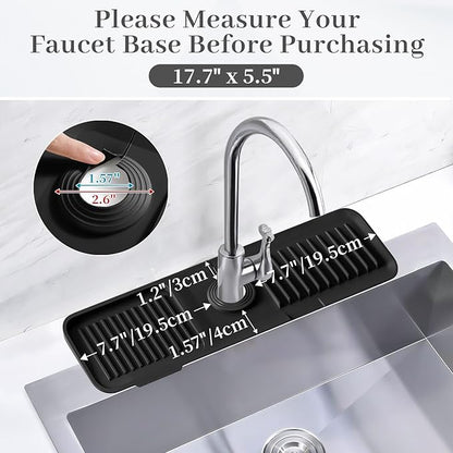 PoYang 17.7 Inch Faucet Mat for Kitchen Sink Splash Guard Behind Faucet, Sink Protectors for Kitchen Sink Faucet Mat Splash Guard for Kitchen Sink Area, Long Silicone Faucet Guard Draining Mat, Black