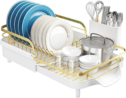 SNTD Dish Drying Rack, Expandable Dish Rack for Kitchen Counter, Stainless Steel Dish Drainer with Drainboard Set and Utensil Holder (Gold)