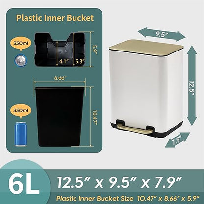 SunnyPoint 6 Liter(1.58 Gallon) Small Trash Can with Plastic Inner Buckets; Rectangle Bathroom, Office, Kitchen, and Bedroom Step On and Slow Close (WHT+Gold)
