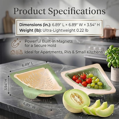 Magnetic Drainage & Filter Basket, Triangular Sink Strainer with Twist-Open Bottom, triangular drain magnetic basket, corner sink strainer for food scraps (White And Green Interwoven)