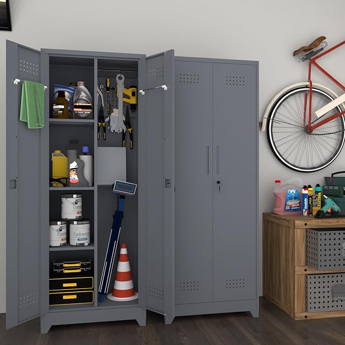 65" H Metal Storage Cabinet,Broom Closet Storage Cabinet with Adjustable Shelves,Locking Steel Cabinets with Pegboard and Hanging Rod,Utility Closet for Brooms and Mops,Grey