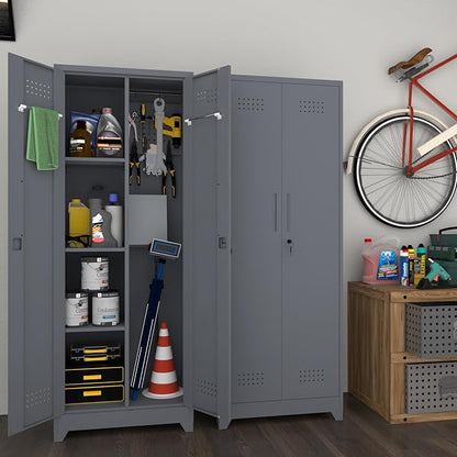 65" H Metal Storage Cabinet,Broom Closet Storage Cabinet with Adjustable Shelves,Locking Steel Cabinets with Pegboard and Hanging Rod,Utility Closet for Brooms and Mops,Grey