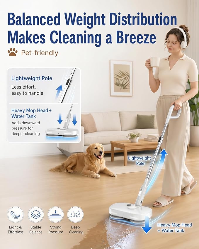 buways Lightweight Cordless Electric Mop, Self-Propelled Electric Spin Mop, Gravity Assist Pressure, 8000mAh Battery, LED Light & Water Spray, for Hardwood, Tile & Laminate Floors