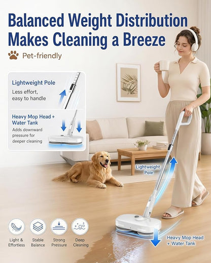 buways Lightweight Cordless Electric Mop, Self-Propelled Electric Spin Mop, Gravity Assist Pressure, 8000mAh Battery, LED Light & Water Spray, for Hardwood, Tile & Laminate Floors