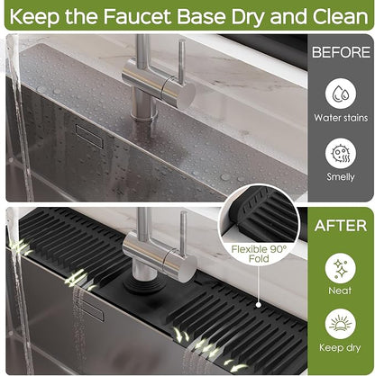 24 Inch Silicone Faucet Mat for Kitchen Sink Splash Guard – Upgraded Draining Mat with Water Tray Behind Faucet – Countertop Protectors to Catch Spills (Black, 24" x 5.5" )