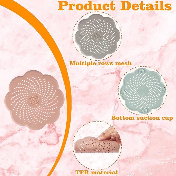 5 Pack Hair Catcher Shower Drain with Suction Cups, Flower Shape Silicone Drain Cover for Kitchen, Bathroom, Bathtub