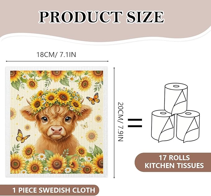 5 Pack Mixed Highland Cow Swedish Kitchen Dishcloths Dish Towels, Floral Highland Cow Dish Towels for Kitchen, Swedish Dishcloth, Paper Towels Reusable, Dish Cloth Towel Cleaning Wipe for Home