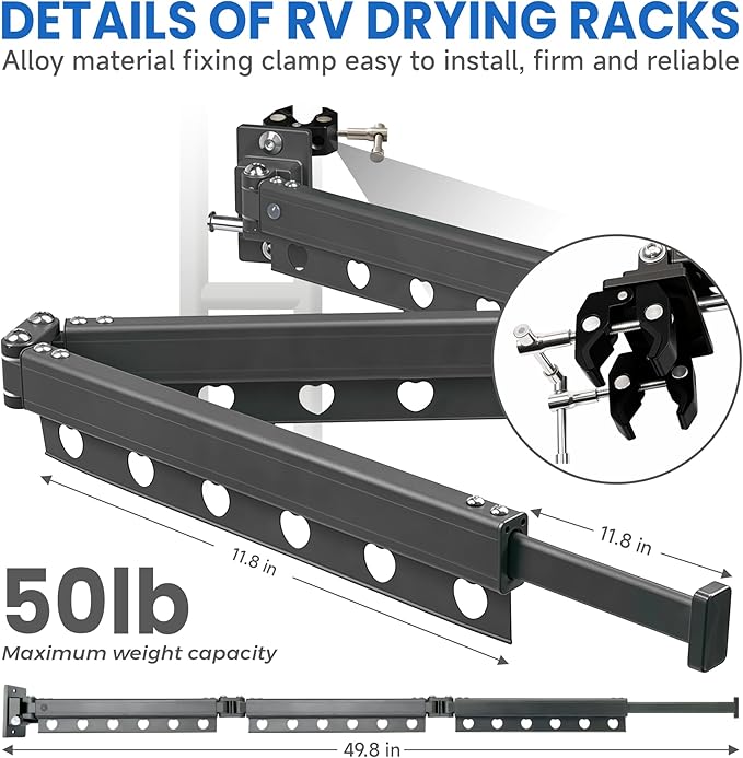 RV Clothes Drying Rack, Extendable Up to 50Inches, Clothes Drying RackSuitable for RV, Camping Car and Various Environments, Rust Resistant, Portable, Easy to Install, Foldable, Rotatable (50Inches)