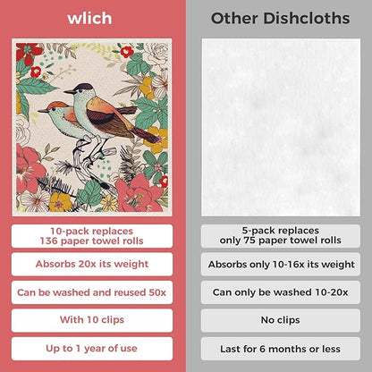 wlich 10PCS Swedish Dishcloths for Kitchen, Reusable Dish Rags for Washing Dishes with Clips, Non-Scratch Kitchen Towels and Dishcloths Sets, Washable Swedish Dish Cloths, No Odor(Birds Flowers)