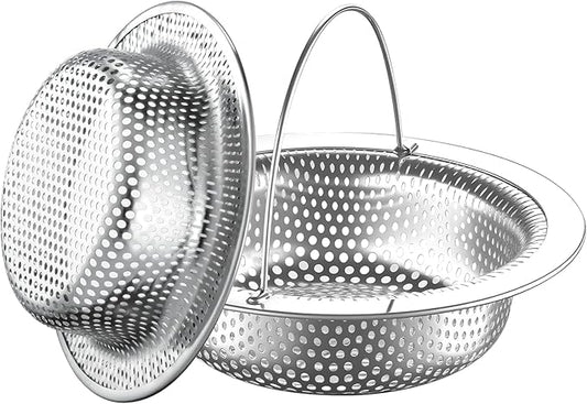 2 Pack 4.5 Inch Kitchen Sink Drain Strainer with Handle, Rustproof Stainless Steel Food Catcher, Prevents Clogged Pipes, Micro-Perforated Drain Filter for Home, Apartment and Tiny House