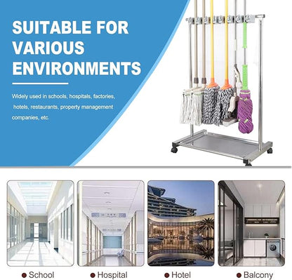 Mobile Broom Mop Holder,Rolling Cleaning Tool Organizer Cart,Freestanding Cleaning Tool Holder for Home,Drip Tray,for Garage,Garden,Schools Hotels(133x45x110cm(52x18x43in))