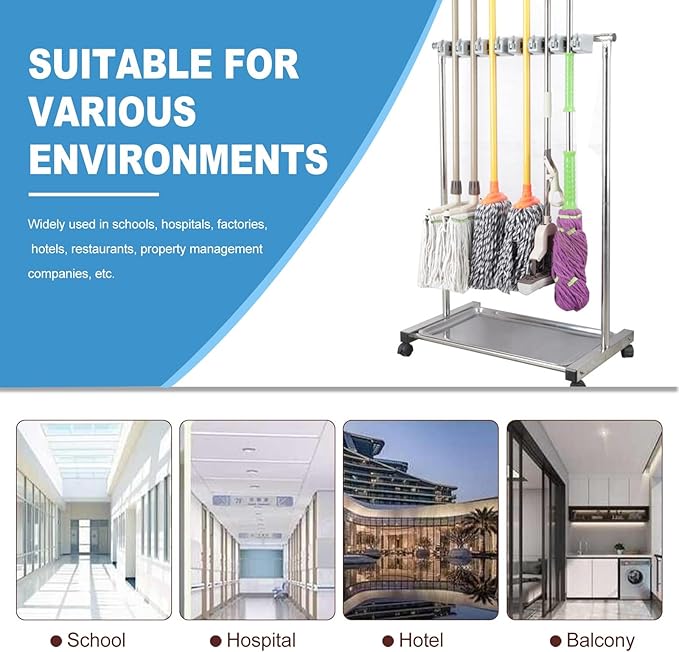 Mobile Broom Mop Holder,Rolling Cleaning Tool Organizer Cart,Freestanding Cleaning Tool Holder for Home,Drip Tray,for Garage,Garden,Schools Hotels(71x45x110cm(28x18x43in))