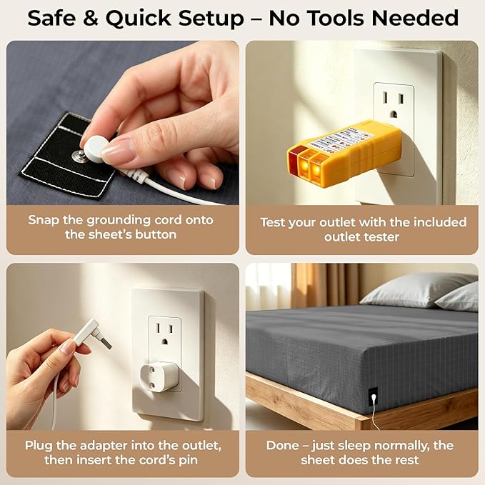 Grounding Sheets Twin XL 10% Silver Fiber Earth Connected Fitted Sheet Kit with Outlet Tester,Adapter,Cord,Wool Dryer Balls,Laundry Bag (39"x80"x15",Gray)