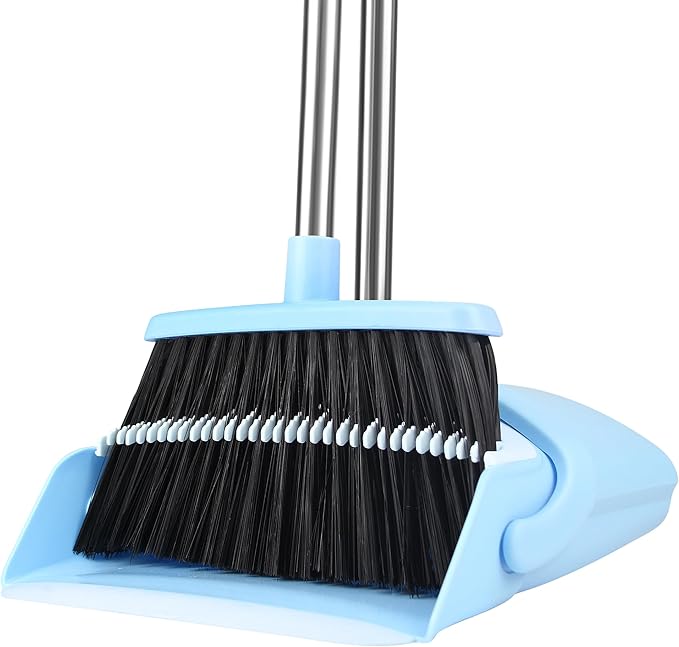 BSKLIN Broom and Dustpan Set House Brooms for Sweeping Indoor Collapsible Broom and Dust Pan Combo for Home Office Kitchen Lobby Floor Pet Hair (Small-Blue)