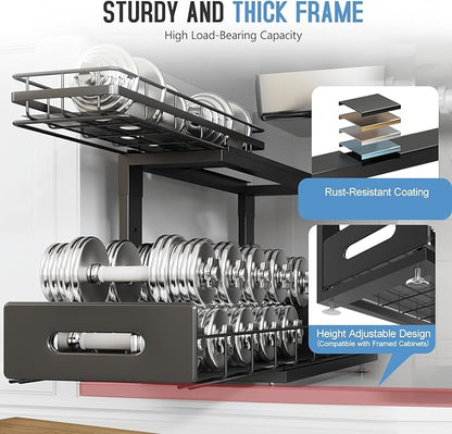 Under Sink Organizer Upgrade To Professional Rails,2-Tier Dual Pull Out Cabinet Storage,Height Adjustable Slide Out Drawers For Bathroom Kitchen,1 Pack-18.5"Dx12.8"-16.9"H,Black