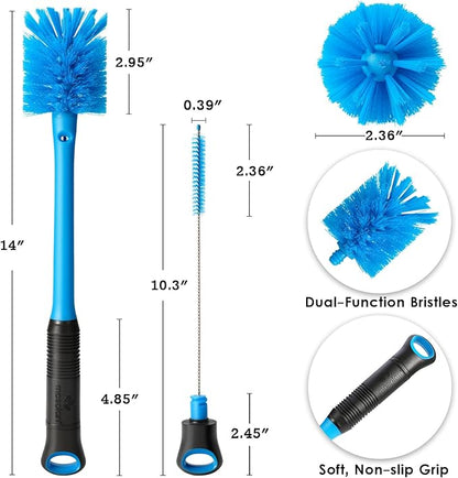 MOSOLAN 2-in-1 Water Bottle Brush and Straw Cleaner Brush, Long Handle Scrub Brush with Replaceable Head for Water Bottles, Glasswares, Mugs, Flasks, Tumblers, Vases, and Kitchen Sink, Breezy Blue