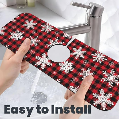 Snowflake Christmas Red Buffalo Plaid Kitchen Sink Splash Guard Faucet Mat Super Absorbent Fast Drying Mat Sink Gadgets-Fast Drying Pad Sink Mat For Kitchen Bathroom (15" X 5.5" )