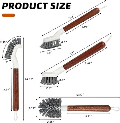 4-Pack Heavy Duty Scrub Brushes with 11" Sapele Wood Handle – PBT Bristles & TPR Loop – Kitchen, Bathroom, Grout, Dish & Tile Cleaner – Durable Non-Slip Multi-Surface Cleaning Brush Set