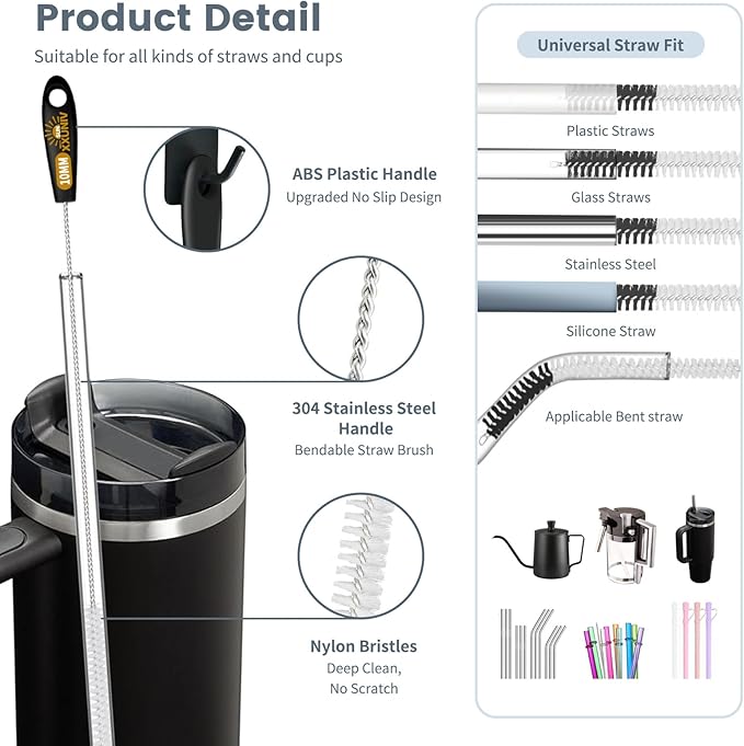 5 Pack Straw Cleaning Brush Set, 15" Extra Long Straw Cleaner Brush, 4 Sizes Reusable Straw Cleaner Brush, 3-In-1 Cup Lid Cleaning Brush for Stanley/Owala/Yeti/Hydro, Sturdy Brush Bristles(Black)