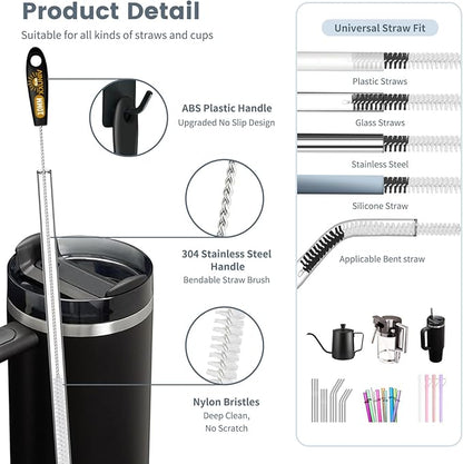 5 Pack Straw Cleaning Brush Set, 15" Extra Long Straw Cleaner Brush, 4 Sizes Reusable Straw Cleaner Brush, 3-In-1 Cup Lid Cleaning Brush for Stanley/Owala/Yeti/Hydro, Sturdy Brush Bristles(Black)