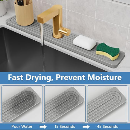 24'' Longer Stone Faucet Mat for Kitchen Sink [Super Absorbent, 30s Quick Drying] Water Absorbing Stone Tray for Sink Stone Mat for Kitchen Sink Stone Quick Dry Around Faucet Diatomite Stone Sink Tray