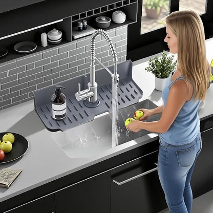 Sink Splash Guard Behind Faucet, Silicone Sink Faucet Drying Mat & Dish Soap Sponge Holder, 17" x 5.5" Silicone Kitchen Sink Auto Drain Organizer (Grey)
