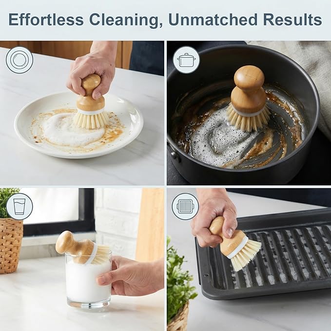 ONEMORE Bamboo Dish Brush with Ceramic Foaming Base, Kitchen Sink Scrub Brush Set with Spring and Mesh Insert, Wooden Handle Dishwashing Brush for Pots Pans Plates Bowls, White